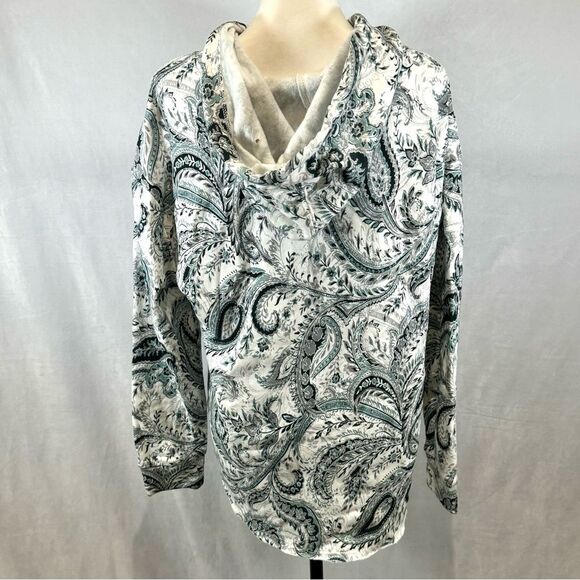 JM Active ivory and green paisley print soft brushed hoodie size medium NWT - Picture 5 of 9